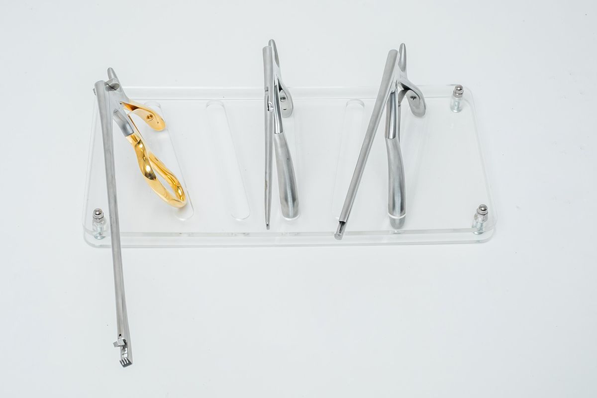 Instrumentos de diferentes tamaños expuestos en un soporte
